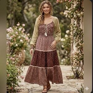 VTG 70s Young Edwardian by Arpeja Prairie Maxi Dress Size 5 Floral Tiered Boho